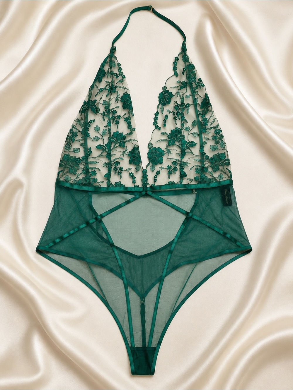 Honey Birdette Emerald Green Floral Embroidered Halter Teddy